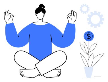 Dişlilerle çevrili meditasyon figürü ve büyüyen bir para fabrikası. Farkındalık, üretkenlik, finansal planlama, iş hayatı dengesi, özbakım, yenilik ve başarı temaları için ideal. Basit düz