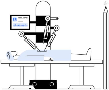 Hasta üzerinde ameliyat yapan robotik kollar, hayati belirtiler gösteren tıbbi arayüz. Sağlık, teknoloji, yenilik, ameliyat, yapay zeka, otomasyon, robotik fütüristik tıp kavramları için idealdir.