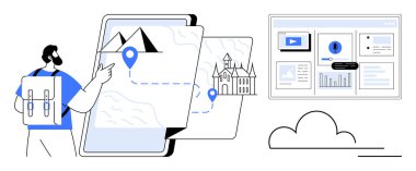 Sırt çantası dokunmatik ekran harita ile etkileşim içinde, rotalar ve işaretler, bir veri gösterge ekranı eşliğinde. Seyahat, teknoloji, navigasyon, planlama, turizm, keşif için ideal, basit