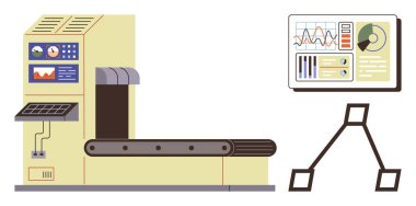 Grafikleri, analizleri ve performans ölçümlerini gösteren veri ekranının yanında taşıma bandı mekanizması. Üretim, otomasyon, mühendislik, endüstri, robotik, teknoloji iş akışı kavramları için ideal