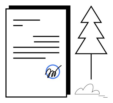 Çevre dostu sözleşmeleri, doğayı koruma veya sürdürülebilirliği sembolize eden imza ve ağaç unsurlarını içeren belge. Yasal, iş, çevre, koruma, yeşil girişimler için ideal