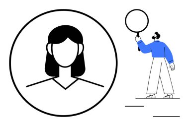 Resmin profil simgesi dairesel çerçevenin içinde büyüteç tutan bir adamın yanında. Takım çalışması, askere alma, arama, profil analizi, kullanıcı odağı, keşif, basit iniş sayfası için ideal