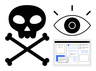 Kafatası ve çapraz kemikler tehlikeyi, gözü gözetlemeyi ve tarayıcı penceresinin çevrimiçi faaliyeti simgeliyor. Siber güvenlik, veri gizliliği, hackleme, kötü amaçlı yazılım, çevrimiçi güvenlik, dijital