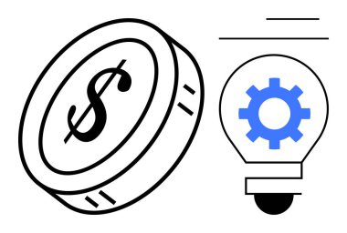 Mavi dişli bir ampulün yanında bir dolar işareti olan bozuk para, finansal büyümeyi, yeniliği ve fikirleri sembolize ediyor. Finans, teknoloji, yaratıcılık, girişimler, ekonomi sektörü için ideal