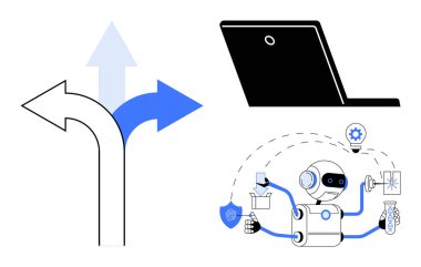 Robot aletlerle, ampulle ve yukarıdaki dizüstü bilgisayarlarla, aşağıdaki oklarla görevleri yönetiyor. Otomasyon, teknoloji, yenilik, yapay zeka geliştirme işi robotları için ideal. Basit düz metafor