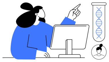 Bilgisayar ekranını işaret eden kişi, DNA sarmalı test tüpü, avatar görüntüsü. Bilim, araştırma, biyoloji, genetik, teknoloji yenilik eğitimi için idealdir. Modern düz biçim metaforu