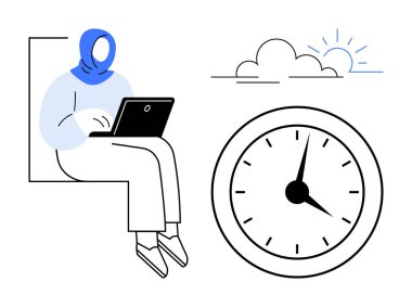 Dizüstü bilgisayarda çalışan kadın, zamanı simgeleyen saat ve ilham almak için güneşin doğuşunu simgeleyen bulut. Zaman yönetimi için ideal, uzak çalışma, üretkenlik, planlama, denge, hedef belirleme basit düz metafor
