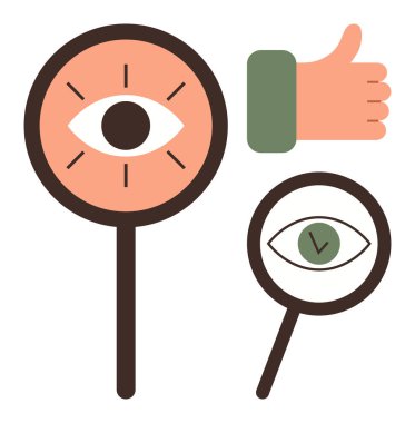 Büyüteçteki göz, işaretli ikinci büyüteç, baş parmak işareti. Vizyon, analiz, onay, kalite kontrol, değerlendirme kararları için ideal. Basit düz metafor