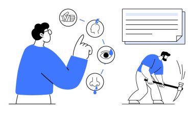 Kazma kullanan işçiler el işçiliğini yansıtır, duyusal simgeleri ve konuşma baloncuğunu gösteren kişilerle eşleşir. Çalışma, üretkenlik, iletişim, odak, duyu ve insan çabası kavramları için idealdir.