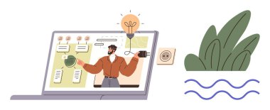 Ampulü prize bağlayan adam, laptop iş akışı ekranlarını ve grafiklerini gösteriyor. Yenilik için ideal, yaratıcı düşünce, iş akışı yönetimi, uzak çalışma, sürdürülebilirlik, çevre dostu fikirler