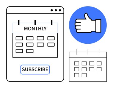 Takvim arayüzü aylık olarak abonelik düğmesi ve onay simgesi ile vurgulanıyor. Abonelik hizmetleri, programlama, zaman yönetimi, pazarlama, kullanıcı bağlılığı, promosyonlar, basit