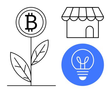 Bitcoin çiçekli bitki, dükkan ikonu ve mavi dairede parlayan ampul. Kripto para, yatırım, eko-ticaret, perakende, teknoloji, büyüme ve basit iniş sayfası için ideal