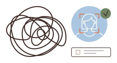 Karışık çizgiler kafa karışıklığını tasvir ediyor, yüz tanıma ve onay kontrol işaretli onaylanmış bir kullanıcı profiline geçiliyor. Kimlik doğrulama, yapay zeka, karar verme, güvenlik, ilerleme, kullanıcı için ideal