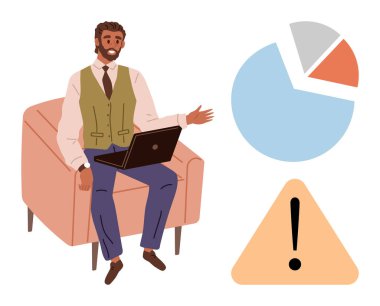 Dizüstü bilgisayar, pasta grafiği ve veri analizi, risk değerlendirmesi ve iletişim üzerine odaklandığını gösteren uyarı işareti ile profesyonel olarak oturulmuş. Takım çalışması, strateji, iş anlayışı ve konferans temaları için ideal