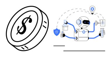 Çoklu görev kolları olan bir robot madeni para, kalkan, aletler ve ampulle ilgileniyor. Finans, otomasyon, yapay zeka, yenilikçi problem çözme teknolojisi trendleri için idealdir. Basit bir daireyi simgeler
