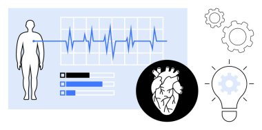 Kalp atışı grafiği, kalp anatomisi, ilerleme çubukları, ampul ve vitesli insan figürü. Sağlık, yenilik, tanı, teknoloji araştırma kardiyolojisi ve basit bir iniş sayfası için ideal