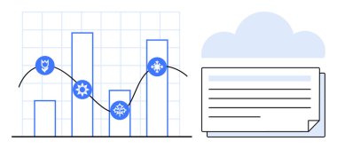 Mevsimsel simgeleri birbirine bağlayan eğilim çizgisi olan çubuk grafik, bulut biçimine yakın kağıt yığını. Veri analizi, bulut depolama, belge yönetimi, iş tahminleri, mevsimsel eğilimler, teknoloji