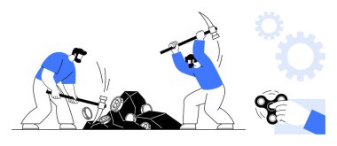 İki işçi çekiç ve kazmayla blokları kırıyor, vites simgeleri, ve el sıkışıyorlar. Kripto para birimi, engelleme zinciri, takım çalışması, madencilik, endüstri teknolojisi dijital ekonomisi için ideal. Basit düz