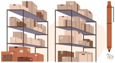 Karton kutular, büyük bir kalem ve küçük bir notla birlikte metal raflara yerleştirilmiş. Envanter yönetimi, depolama çözümleri, lojistik konsept, tedarik zinciri, organizasyon için ideal