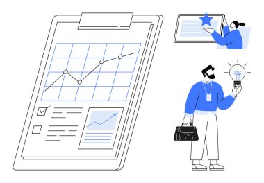 Analitik grafik ve kontrol listesi olan büyük bir pano, elinde ampul tutan adam, başarı yıldızı olan kişi. Ticari büyüme, veri analizi, üretkenlik, planlama, strateji ve yenilik için ideal