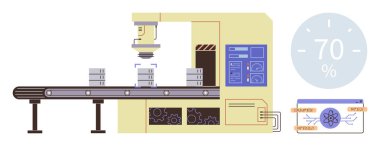 Robot denetim kolu, kontrol arayüzü ve ürün test görüntüsü ile taşıyıcı üretiliyor. Otomasyon, teknoloji, yenilik, imalat, mühendislik, robotik sade iniş için ideal