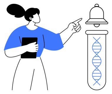Kadın bilim adamı, çan altındaki test tüpünde DNA 'ya tablet noktaları tutuyor. Bilim, genetik, araştırma, yenilik, keşif, eğitim, biyoteknoloji temaları için ideal, basit düz metafor