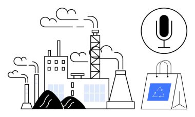 Fabrika emisyonları, geri dönüşüm işaretli çevre dostu çanta ve iletişimi sembolize eden mikrofon. Çevre, sürdürülebilirlik, kirlilik, sanayi, geri dönüşüm, iklim değişikliği için ideal