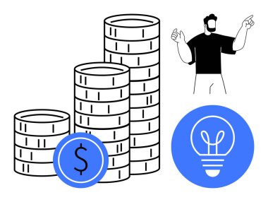 Birikmiş paralar zenginliği temsil ediyor, mavi para birimi ikonu, fikirler için ampul ve insan jesti. Finans, yatırım, yenilik, iş büyümesi, eğitim girişimciliği için idealdir.