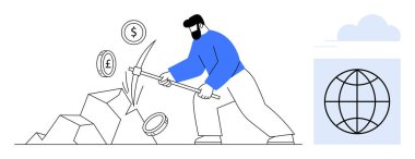 Kayaları kazarak kazma kullanarak USD, Euro ve Pound 'u temsil eden madeni paralar çıkaran bir adam. Küresel finansmanı simgeleyen bir ağ küresinin yanında. Kripto para birimi, ekonomi, madencilik, blok zinciri için ideal