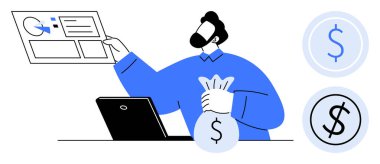 Bir çanta dolusu para tutarken bilgisayardaki profesyonel analiz verileri. Finans, para yönetimi, bütçe, dijital yatırımlar, ekonomik strateji, bankacılık ve fintech uygulamaları için ideal. Basit.