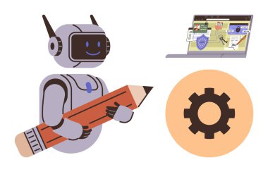 Kalemle gülümseyen robot, güvenlik elemanları olan dizüstü bilgisayar, turuncu dişli sembol. Teknoloji, yapay zeka, yaratıcılık, güvenlik, otomasyon yenilik eğitimi için ideal. Basit düz metafor