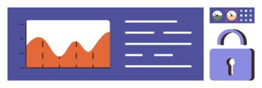 Analitik çizelge, turuncu çizgi grafiği, metin verileri, küçük göstergeler ve güvenlik kilidi. Veri güvenliği, analitik, teknik çözümler, siber güvenlik, kullanıcı arayüzleri ve iş anlayışları için idealdir.