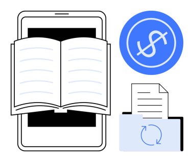Akıllı telefondan açık kitap, daire şeklinde dolar işareti ve senkronize klasörde belge. Eğitim, e-öğrenme, finans, dijitalleştirme, veri senkronizasyonu e-ticaret erişilebilir teknoloji için idealdir. Temiz