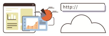 Pasta grafiğiyle web arayüzü, ekranda çizgi grafiği, bulut simgesi ve URL çubuğu. Analiz, veri yönetimi, çevrimiçi araçlar, teknoloji, iş büyümesi web geliştirmesi için ideal basit düz metafor