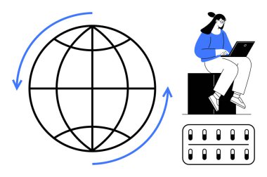Dizüstü bilgisayarda yazan kadın, kan dolaşımını belirten oklu dünya ve veri sunucuları. Teknoloji, ağ, küresel iletişim, veri transferi, bulut depolama, küreselleşme takım çalışması için ideal. Basit.