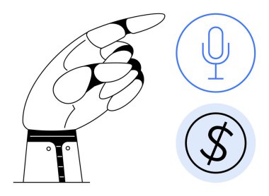 El işaretleri bir mikrofon ve dolar ikonu üzerine, iletişimi, ekonomiyi ve kontrolü aktarıyor. Teknoloji, yapay zeka, finans, kararlar yenilikçi kullanıcı etkileşimi için idealdir. Temiz