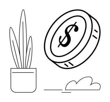 Saksı bitkisinin yanında bir dolar işareti ve küçük bir bulut yüzen bir dolar. Finans, sürdürülebilirlik, büyüme, tasarruf, yatırım, eko-ekonomi, zenginlik inşası için ideal. Temiz, düz metafor