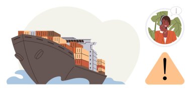 Kargo gemisi, okyanus dalgalarındaki konteynırlarla dolu. Endişeli konuşan kişi ve bir uyarı üçgeni. Nakliye, lojistik, iletişim, risk, alarm, ulaşım için ideal