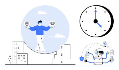 Ampulü dengeleyen ve şehir manzarası üzerinde el sıkışan kişi. Saat, zaman yönetiminin odaklandığını gösteriyor. Alet, kalkan, ampul, otomasyon ve verimliliği yansıtan robotlar. İdeal