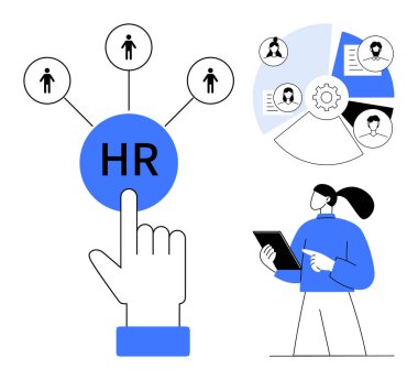 Kullanıcı profillerine, istatistiklere ve tablet üzerindeki profesyonel analiz verilerine bağlı İK simgesi. İşe alım, işe alım süreci, çalışan yönetimi, ekip oluşturma, HR yazılımı, iş gücü için ideal