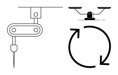 Robotik kol hassas bir aleti entegre eder, denge ölçeği adaleti simgeler, dairesel ok ise sürekliliği simgeler. Teknoloji, otomasyon, üretim, sürdürülebilirlik ve süreç için ideal
