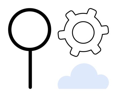 Arama için büyüteç, vites çizim süreci veya teknolojik ayarlar ve bulut hesaplamayı simgeliyor. Yenilik, teknoloji, strateji, bulut depolama, analiz, verimlilik için ideal