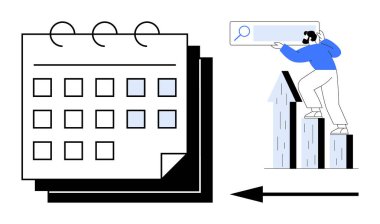 Bar grafiğinde duran adam aramayı analiz ediyor, takvim sayfası zaman yönetimini temsil ediyor. Üretkenlik, büyüme, planlama, planlama, iş stratejisi, veri analizi için ideal, basit düz metafor