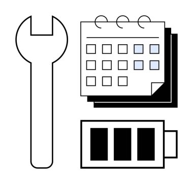 İngiliz anahtarı, işaretli tarihli takvim ve tam şarjlı pil simgesi. Bakım planlaması, zaman yönetimi, üretkenlik, enerji verimliliği, görev zamanlaması, sürdürülebilirlik için ideal