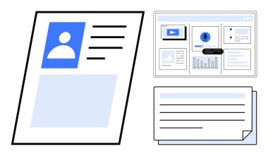 Kullanıcı profili kartı, detaylı analiz paneli ve katmanlı metin belgeleri kimlik, veri analizi ve organizasyonu vurguluyor. Kişisel markalaşma, veri kullanımı, iş akışı, yönetim için ideal