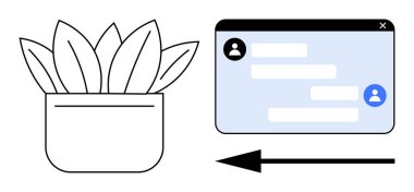 Minimalist bitki otu ve diyalog mesajları içeren sohbet penceresi. Büyüme, iletişim, takım çalışması, çevrimiçi etkileşim, sosyal bağlantı, çevre dostluğu, basit iniş sayfası için ideal