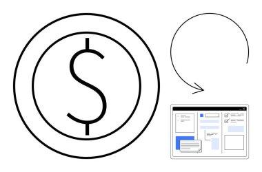 Çevrimiçi ödemeleri, dijital işlemleri veya finansal süreçleri temsil eden bir madeni para, dairesel ok ve web tarayıcı arayüzünde dolar işareti. E-ticaret, finans, teknoloji, para işi için ideal