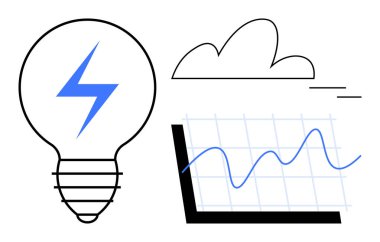 Yıldırımlı ampul, bulut ve çizgi grafiği yaratıcılığı, enerjiyi, veriyi, teknolojiyi, verimliliği, büyümeyi ve çözümleri simgeliyor. Strateji yeniliği için ideal iş eğilimleri ve basit