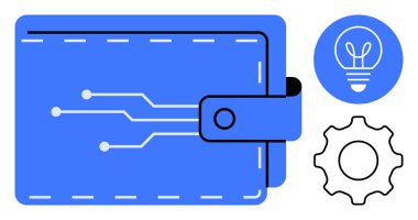 Devre desenli mavi cüzdan, teçhizat ve ampul ikonu teknolojiyi, yaratıcılığı ve gelişimi sembolize ediyor. Fintech, inovasyon, çözümler, dijital sistemler için ideal akıllı finans kavramı