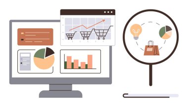 Analitik çizelgeler, çubuk grafikler, pasta grafikleri içeren bilgisayar ekranı. Büyüteç, alışveriş arabası, ampul ve pasta grafiği. Veri, e-ticaret, analitik perakende anlayışı için ideal